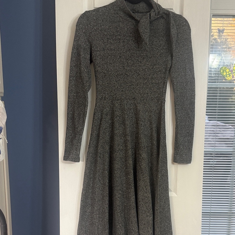 Zara Gray Long-Sleeve Dress with Neck Tie